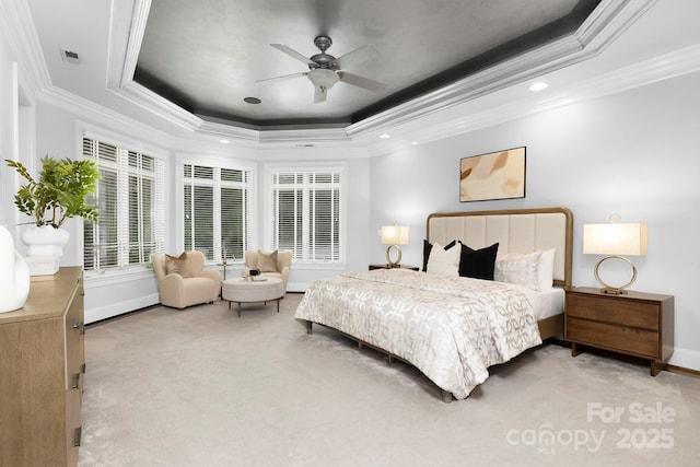 7912 Baltusrol Ln, Charlotte, NC 28210 - bedroom featuring a raised ceiling, carpet floors, crown molding, recessed lighting, and a ceiling fan