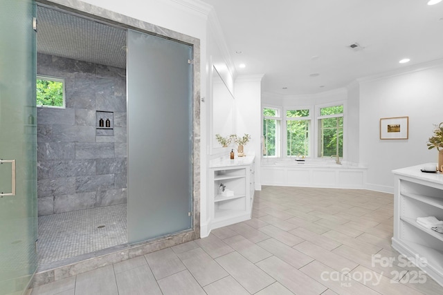 7912 Baltusrol Ln, Charlotte, NC 28210 - full bath with a shower stall, ornamental molding, vanity, and recessed lighting