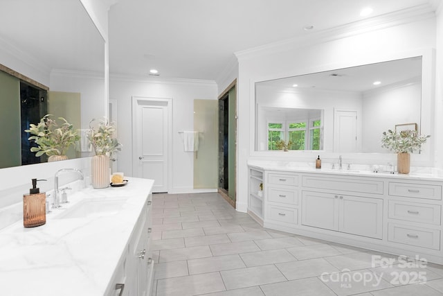 7912 Baltusrol Ln, Charlotte, NC 28210 - full bath featuring two vanities, crown molding, and tile patterned flooring