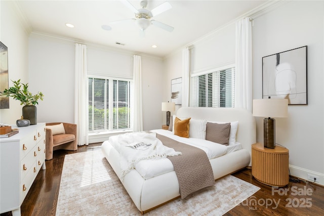 7912 Baltusrol Ln, Charlotte, NC 28210 - bedroom with crown molding, wood finished floors, ceiling fan, and recessed lighting