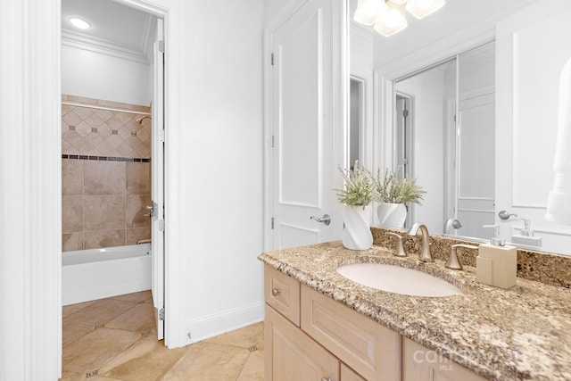 7912 Baltusrol Ln, Charlotte, NC 28210 - full bath featuring vanity, tile patterned floors, ornamental molding, and shower / bath combination