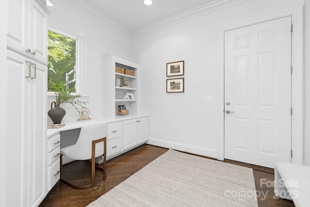 7912 Baltusrol Ln, Charlotte, NC 28210 - unfurnished office featuring built in study area, dark wood-type flooring, crown molding, and recessed lighting