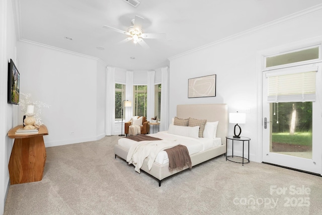 7912 Baltusrol Ln, Charlotte, NC 28210 - bedroom featuring carpet flooring, ornamental molding, access to exterior, and a ceiling fan