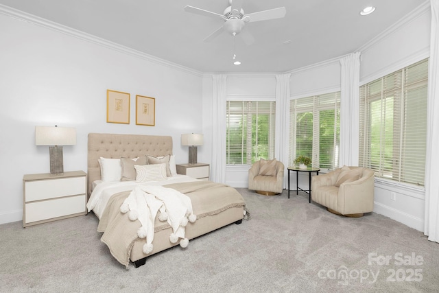 7912 Baltusrol Ln, Charlotte, NC 28210 - carpeted bedroom with crown molding, recessed lighting, and a ceiling fan