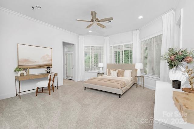 7912 Baltusrol Ln, Charlotte, NC 28210 - carpeted bedroom with crown molding, recessed lighting, and a ceiling fan
