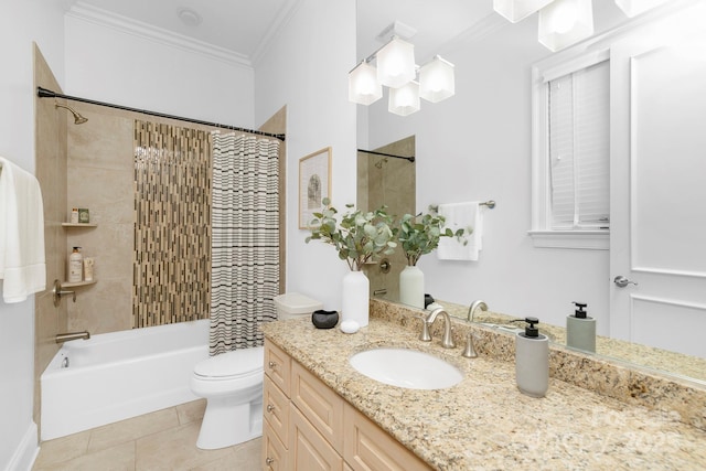 7912 Baltusrol Ln, Charlotte, NC 28210 - bathroom with vanity, shower / bath combination with curtain, ornamental molding, and tile patterned flooring
