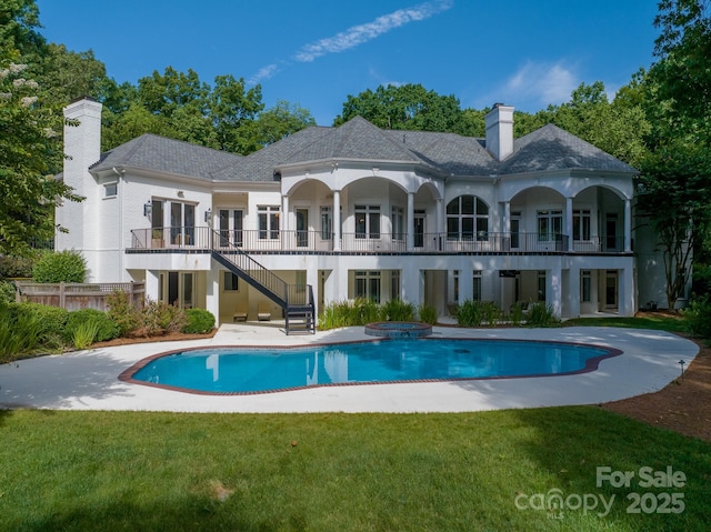 7912 Baltusrol Ln, Charlotte, NC 28210 - rear view of house featuring stairs, a chimney, french doors, a patio, and stucco siding