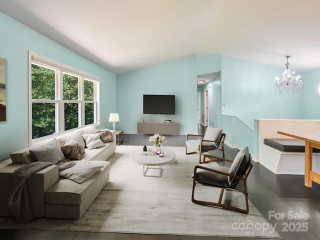 14 Spring Lake Dr, Fletcher, NC 28732 - living room with wood-type flooring, a chandelier, and vaulted ceiling