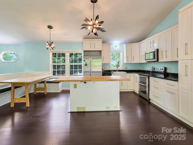 14 Spring Lake Dr, Fletcher, NC 28732 - kitchen featuring stainless steel appliances, wooden counters, dark wood-type flooring, hanging light fixtures, and vaulted ceiling
