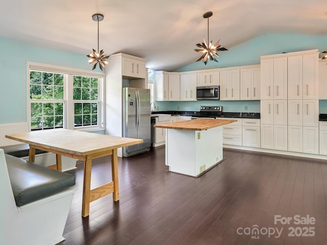 14 Spring Lake Dr, Fletcher, NC 28732 - kitchen with stainless steel appliances, butcher block countertops, lofted ceiling, pendant lighting, and a center island