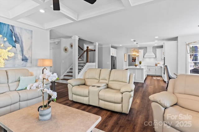 615 N Oak Dr, Huntersville, NC 28078 - living room featuring dark wood-type flooring, recessed lighting, a ceiling fan, stairway, and coffered ceiling