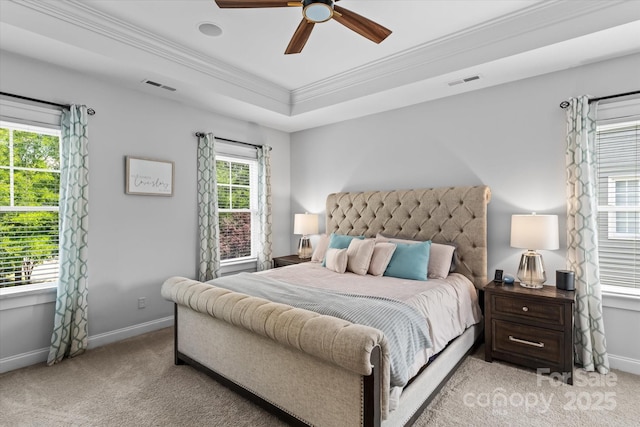 615 N Oak Dr, Huntersville, NC 28078 - bedroom featuring ornamental molding, carpet, a tray ceiling, and a ceiling fan
