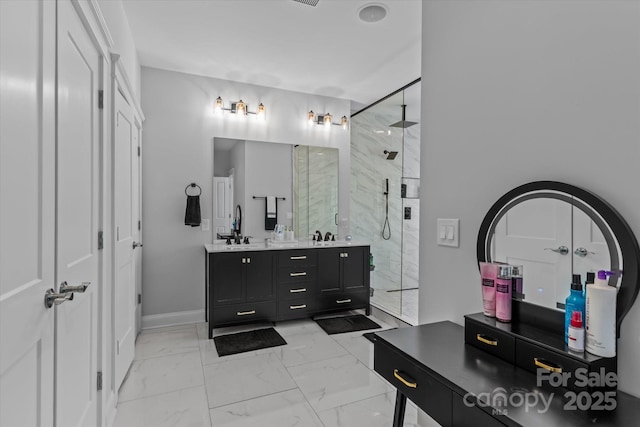 615 N Oak Dr, Huntersville, NC 28078 - full bathroom featuring a marble finish shower, double vanity, and marble finish floors