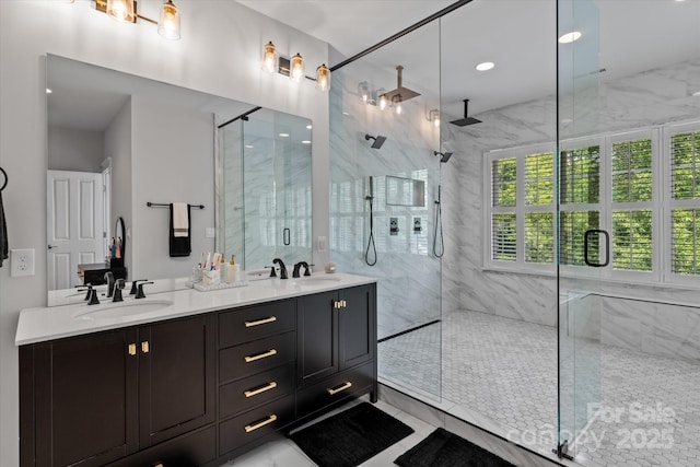 615 N Oak Dr, Huntersville, NC 28078 - full bath featuring a marble finish shower and double vanity
