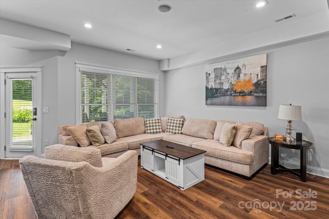 615 N Oak Dr, Huntersville, NC 28078 - living area with dark wood-style flooring and recessed lighting