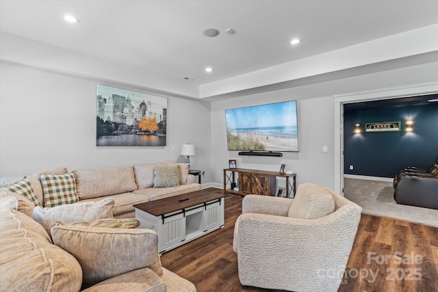 615 N Oak Dr, Huntersville, NC 28078 - living room with dark wood-style flooring and recessed lighting