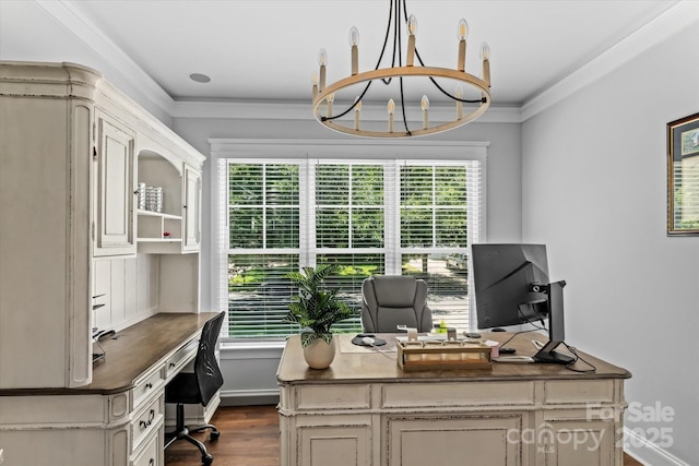 615 N Oak Dr, Huntersville, NC 28078 - office area with dark wood finished floors, ornamental molding, and a chandelier