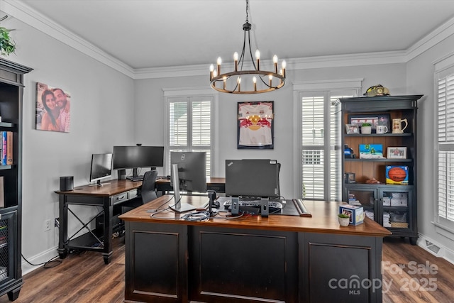 615 N Oak Dr, Huntersville, NC 28078 - office space featuring a chandelier, dark wood-type flooring, and crown molding