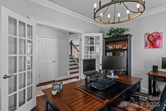 615 N Oak Dr, Huntersville, NC 28078 - office with a chandelier, wood finished floors, and ornamental molding