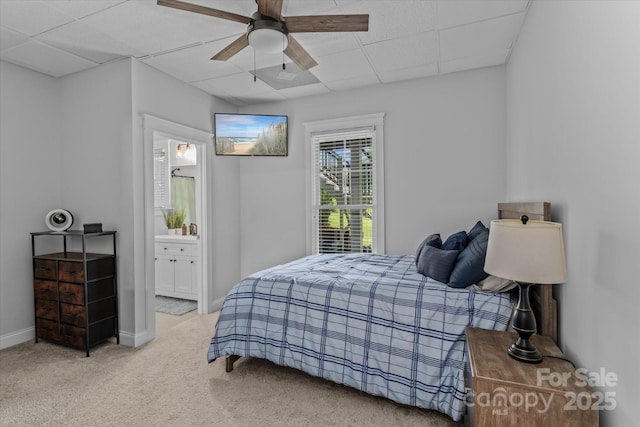 615 N Oak Dr, Huntersville, NC 28078 - bedroom featuring carpet, connected bathroom, a ceiling fan, and a drop ceiling