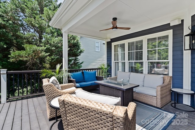 615 N Oak Dr, Huntersville, NC 28078 - wooden terrace with outdoor lounge area and ceiling fan