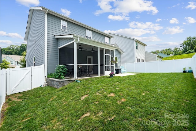 5069 Thomasville Dr, Belmont, NC 28012 - back of house featuring ceiling fan, a gate, a patio, and a fenced backyard