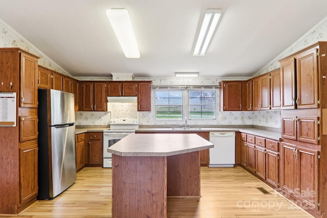 18 Sweet Briar Path Way, Hendersonville, NC 28792 - kitchen featuring white appliances, lofted ceiling, under cabinet range hood, light wood-type flooring, and light countertops