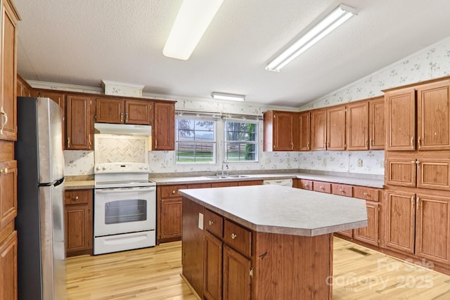 18 Sweet Briar Path Way, Hendersonville, NC 28792 - kitchen with white appliances, under cabinet range hood, vaulted ceiling, light wood-style flooring, and light countertops