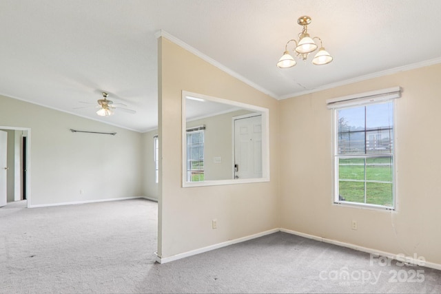 18 Sweet Briar Path Way, Hendersonville, NC 28792 - unfurnished room with lofted ceiling, ornamental molding, carpet flooring, a chandelier, and ceiling fan