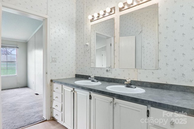18 Sweet Briar Path Way, Hendersonville, NC 28792 - full bathroom featuring wallpapered walls, double vanity, crown molding, and tile patterned floors