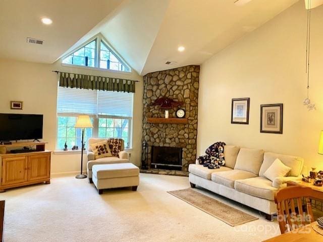 186 Stonecrest Ct, Lake Lure, NC 28746 - living area featuring light colored carpet, a fireplace, and high vaulted ceiling
