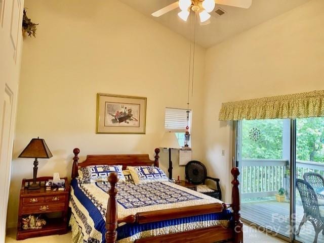 186 Stonecrest Ct, Lake Lure, NC 28746 - bedroom with access to exterior, high vaulted ceiling, and ceiling fan