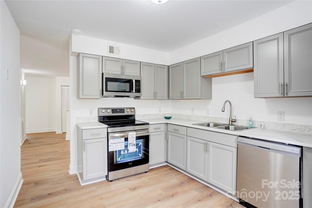 4806 Spring Lake Dr Unit D, Charlotte, NC 28212 - kitchen with appliances with stainless steel finishes, gray cabinets, light wood-type flooring, and light countertops