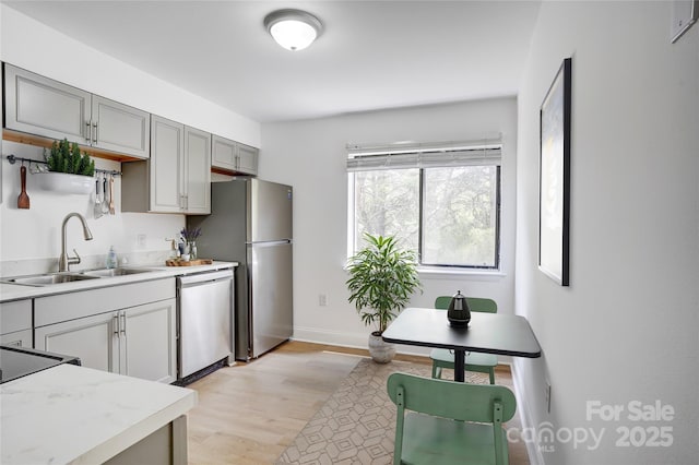 4806 Spring Lake Dr Unit D, Charlotte, NC 28212 - kitchen with stainless steel appliances, light wood finished floors, and gray cabinetry
