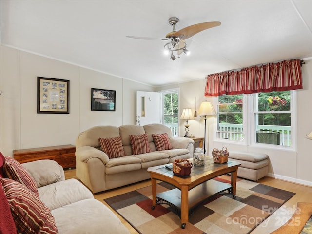 275 Bulldog Ln, Green Mountain, NC 28740 - living area featuring ceiling fan, light wood-type flooring, and crown molding