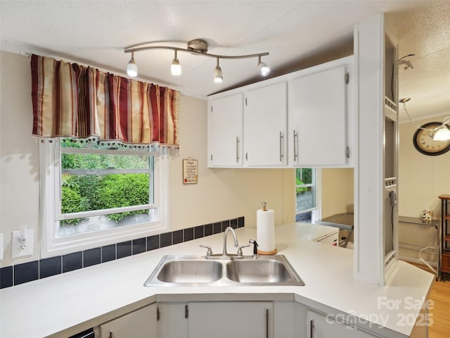 275 Bulldog Ln, Green Mountain, NC 28740 - kitchen with healthy amount of natural light, a textured ceiling, light countertops, white cabinets, and track lighting