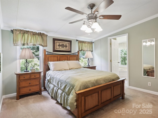 275 Bulldog Ln, Green Mountain, NC 28740 - bedroom with light colored carpet, crown molding, ensuite bath, a ceiling fan, and lofted ceiling