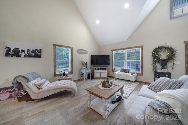 4592 Reid Rd, Edgemoor, SC 29712 - living area featuring high vaulted ceiling, healthy amount of natural light, light wood-style floors, and recessed lighting