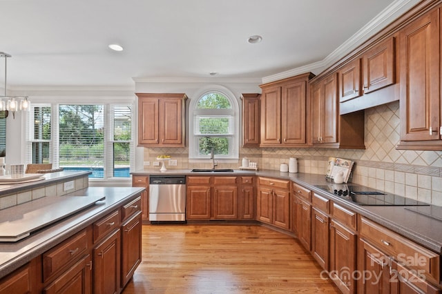 11335 Wescott Hill Dr, Huntersville, NC 28078 - kitchen featuring stainless steel dishwasher, brown cabinetry, black electric cooktop, crown molding, and recessed lighting