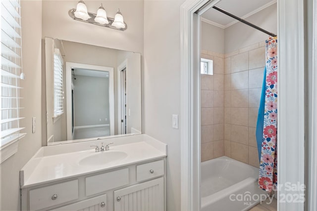 11335 Wescott Hill Dr, Huntersville, NC 28078 - bathroom with ornamental molding, vanity, and shower / tub combo