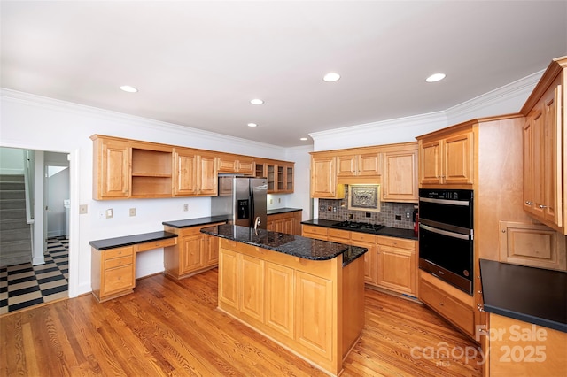10408 Hadleigh Pl, Charlotte, NC 28210 - kitchen with black appliances, open shelves, a kitchen island, ornamental molding, and recessed lighting