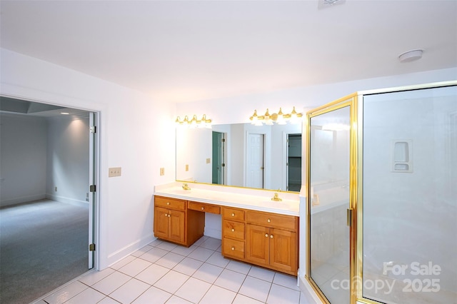 10408 Hadleigh Pl, Charlotte, NC 28210 - full bath featuring double vanity, a stall shower, and tile patterned flooring