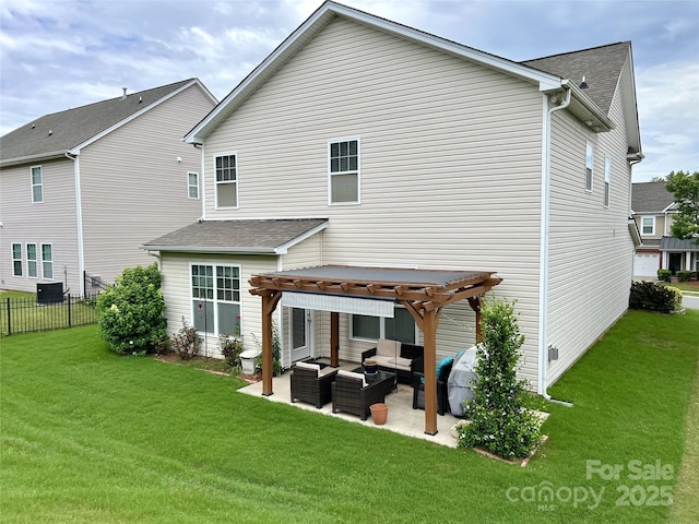 11511 Wilson Mill Ln, Pineville, NC 28134 - rear view of house featuring an outdoor hangout area, a pergola, a patio area, and roof with shingles