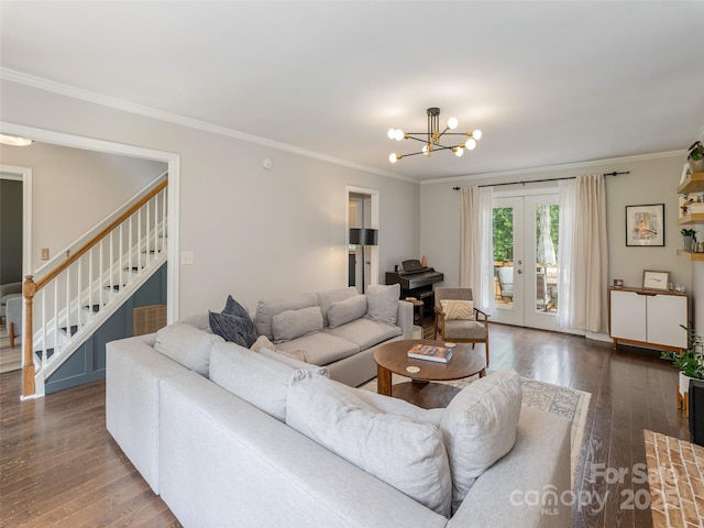502 Windsor Forest Ct, Fletcher, NC 28732 - living area featuring stairs, hardwood / wood-style flooring, ornamental molding, french doors, and a chandelier