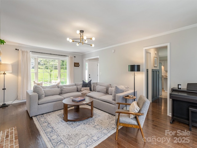 502 Windsor Forest Ct, Fletcher, NC 28732 - living room with ornamental molding, a chandelier, and dark wood finished floors