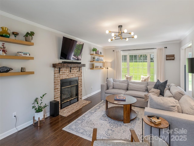 502 Windsor Forest Ct, Fletcher, NC 28732 - living room with crown molding, hardwood / wood-style floors, a chandelier, and a fireplace