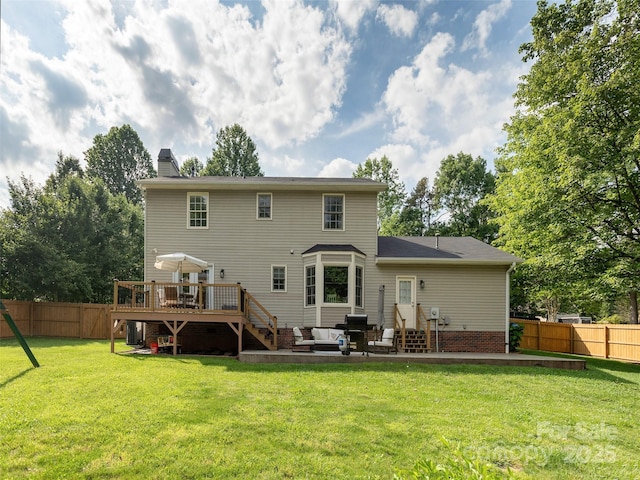 502 Windsor Forest Ct, Fletcher, NC 28732 - rear view of property with a wooden deck, a fenced backyard, a chimney, and stairway