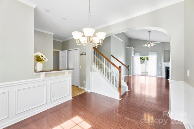 448 River Park Rd, Belmont, NC 28012 - foyer featuring a ceiling fan, wood finished floors, stairs, a chandelier, and arched walkways