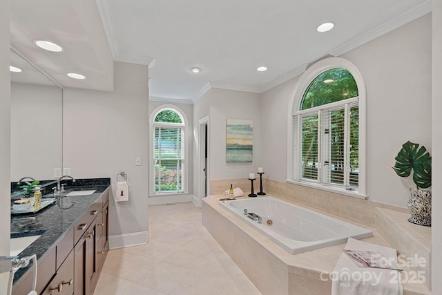 1317 Longleaf Ct, Matthews, NC 28104 - bathroom with a jetted tub, double vanity, tile patterned flooring, recessed lighting, and ornamental molding