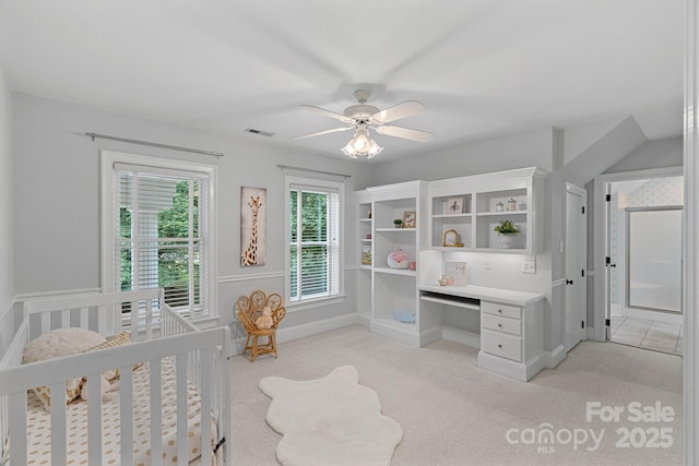 1317 Longleaf Ct, Matthews, NC 28104 - bedroom featuring light carpet, an office area, a ceiling fan, and a nursery area